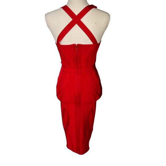 House Of CB London Red Bodycon Halter Dress With Cross Back Red Hot Size Small - Picture 3 of 11